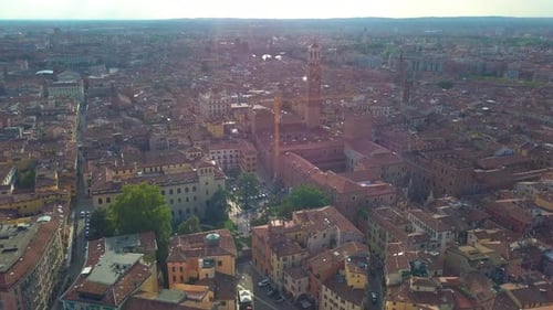 Panoramic Aerial Drone View of Medieval City of Love Verona, Pietra Bridge and Adige River
