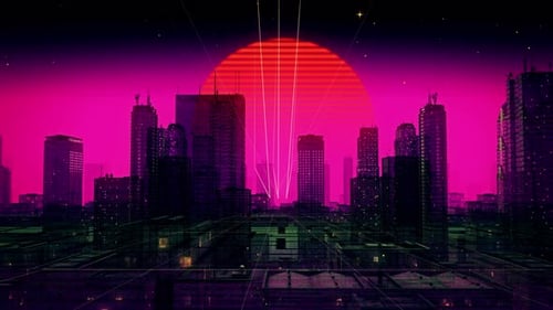 Retro Synthwave Cityscape with Neon Sun and Geometric Grid Background