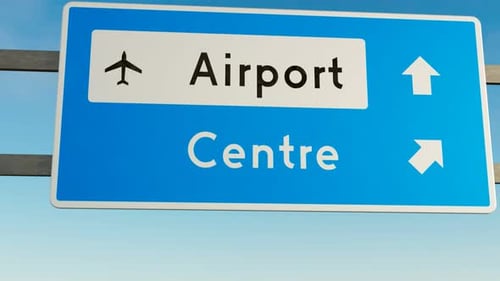 Road sign directing into the airport. Go ahead. Airplane. Chemtrails sky. 4k HD.