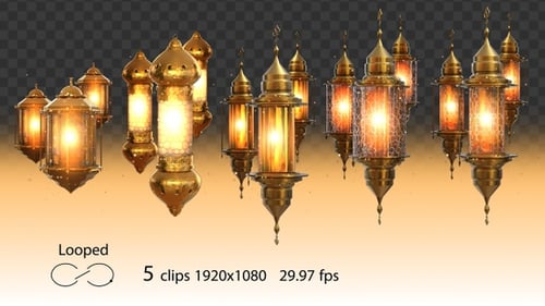 Animated Golden Islamic Lanterns Loop with Alpha Channel