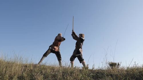 Medieval Sword Fight on a Grassy Hill