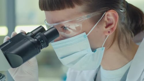 Scientist Uses Microscope in a Laboratory Setting