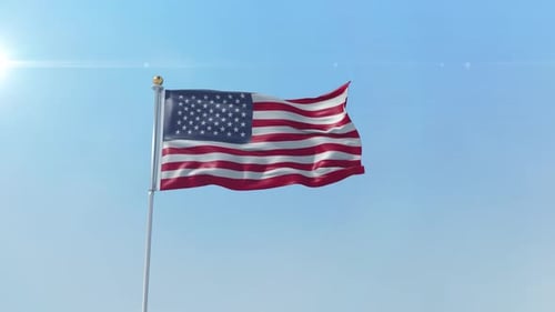 Realistic Waving American Flag Against Blue Sky