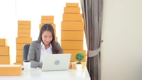 Woman Working on Laptop with Shipping Packages