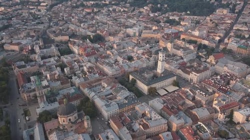 Aerial City Lviv, Ukraine. European City. Popular Areas of the City. Town Hall