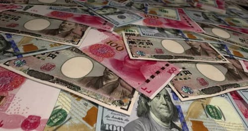 Falling Money: Yen, Yuan, and Dollar Banknotes Animation