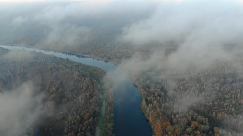 Low-lying Clouds Over an Evergreen Forest with a River. Fog Over the Jungle