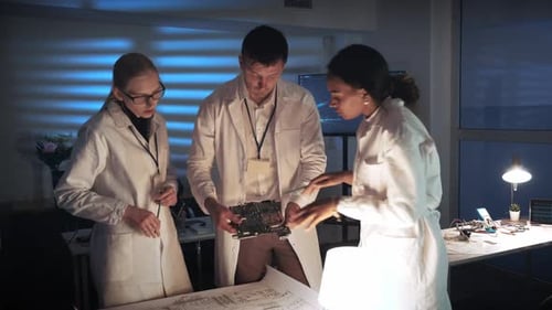 Technology Research Laboratory: Middle Close Up of Engineers' Diverse Team Making Analysis on