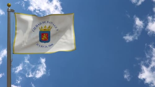 Managua City Flag Waving in Blue Sky with Clouds