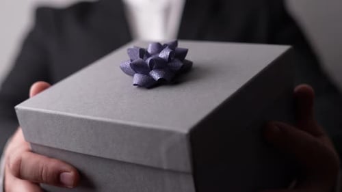 Hands Presenting Wrapped Gift with Blue Bow