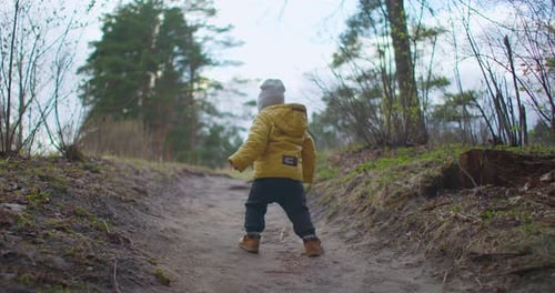 Zeitlupe: Folgt einem Jungen, der im Wald spaziert. Ein kleiner Junge spaziert in einem Bergwald auf der