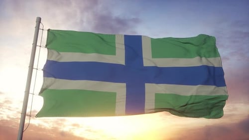 Devon Flag Waving In Realistic Slow Motion At Sunset