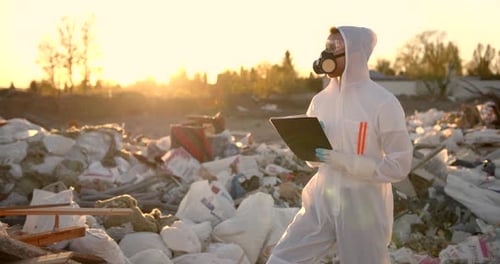 Scientist Examining Waste in Protective Hazmat Suit