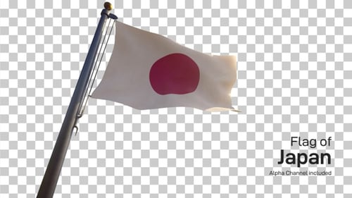 Waving Japanese Flag on Flagpole with Transparent Background