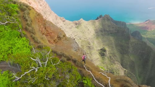 Woman Hiking with Backpack and Trekking Poles on Top of Jungle Mountain Summit