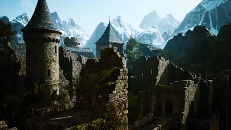 Cover for Ancient Castle at Sunrise with Mountains in Background