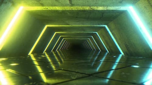 Fliegen in einem modernen futuristischen leeren Science-Fiction-Nachtkorridor