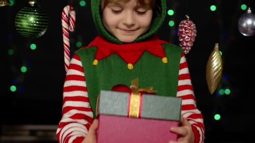 Happy Child Elf Presents Christmas Gifts