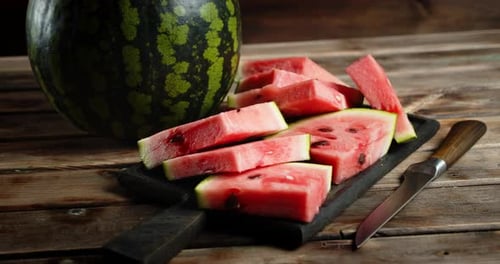Sliced Watermelon on a Cutting Board Rotates Slowly.