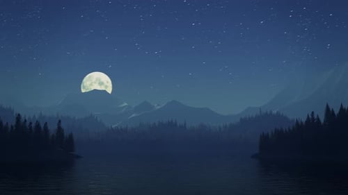 Timelapse shot of full moon rising over lake, mountains and coniferous forest.