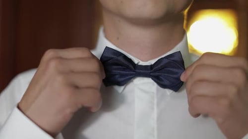 Groom Adjusts Bow Tie. Preparing To Go To the Bride. Businessman. Wedding Day