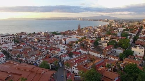 Scenic Coastal City Aerial View at Sunset