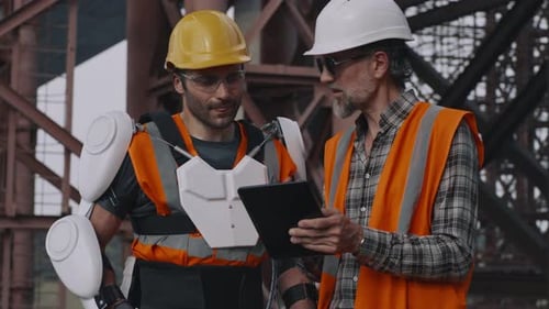 Construction Workers Inspecting Site With Modern Technology