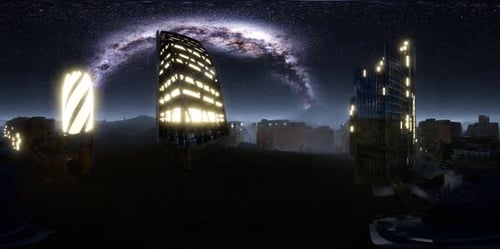 Skyline de la ville la nuit sous un ciel étoilé. VR 360