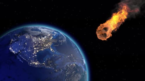 Burning Meteor Approaching Planet Earth in Space