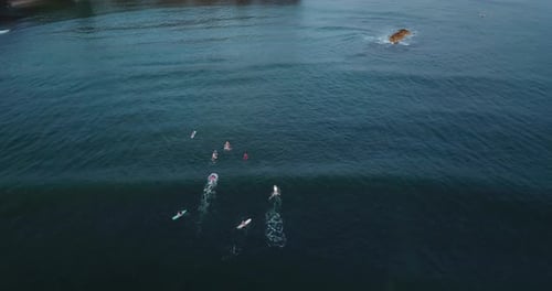 Drone shot of a beach on the North Shore of hawaii. Surfers chilling on the water waiting for waves.