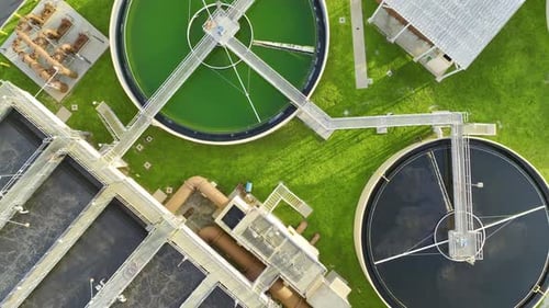 Aerial View of Modern Water Cleaning Facility at Urban Wastewater Treatment Plant