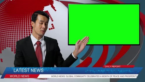 Live News Studio With Asian Male Anchor Reporting On A Story, Uses Green Chroma Key Screen
