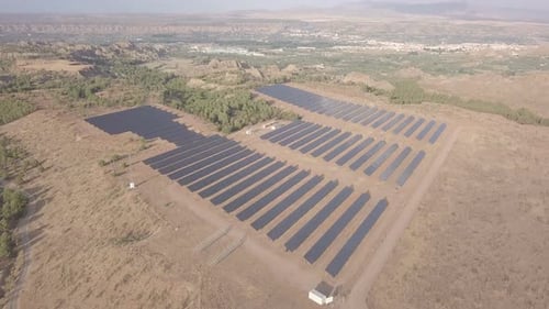 Solar Panels Collecting Sun Energy Aerial View Alternative Power Source Light. 4k footage