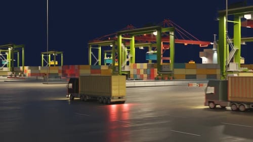 Dockworker in busy, polluted maritime container port. Transportation of goods.