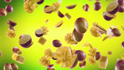 Mango with Slices Falling on Lime Green Background