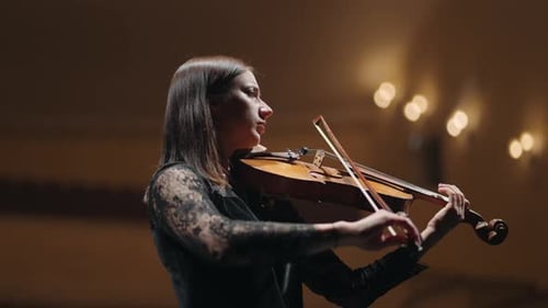 Brunette Woman is Playing Violin in Philharmonic Hall Female Musician in Symphonic Orchestra