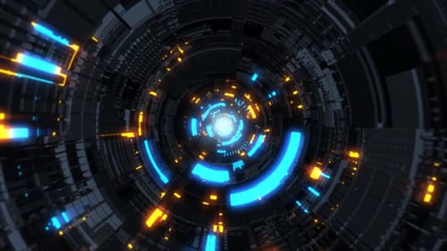 Futuristic Science Fiction Glowing Spaceship Tunnel Fly Through - 4K