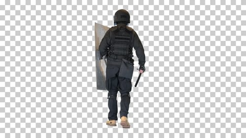 Unité de police anti-émeute marchant avec un bouclier et une matraque, Alpha Channel