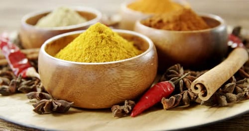 Wooden Bowls of Herbs and Spices Still Life
