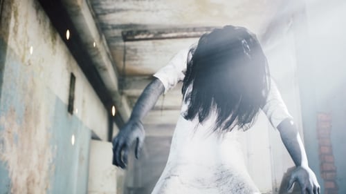 Horror Ghost Figure Crawling in Abandoned Hallway