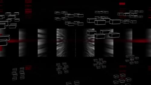 Futuristic Data Glitch Animation with Moving Cubes and Red Lines