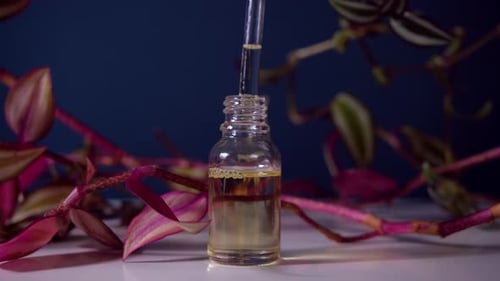 Oil Dropper Falling Into Glass Cosmetic Bottle