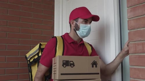 Delivery Man Rings Doorbell with Box and Backpack
