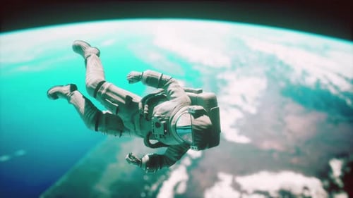 3D Render of Astronaut Floating in Orbit Above Earth
