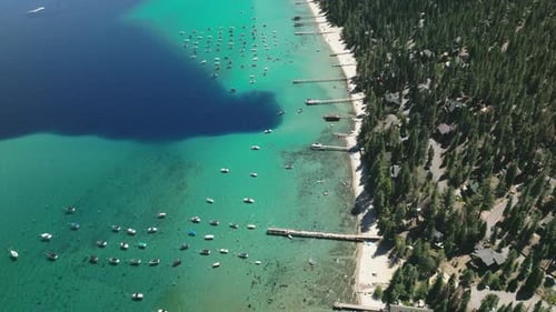 Lake Tahoe, daytime landscape, big rocks along lake coast