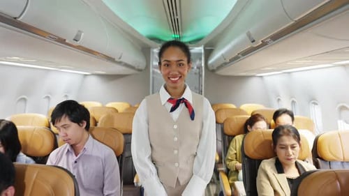 Portrait d'une hôtesse de l'air asiatique fermant le compartiment à bagages avant le décollage de l'avion