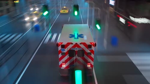 An ambulance on the signal goes through a city. Emergency vehicle at the street