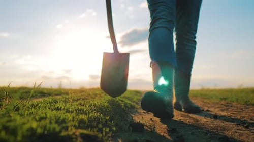 Person Walking on Path with Shovel in Field