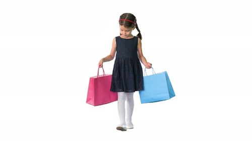 Cute Girl Holding Shopping Bags on White
