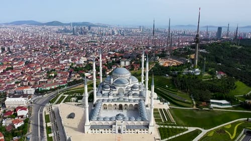 Aerial Drone View of Istanbul Camlica Mosque and Bosphorus